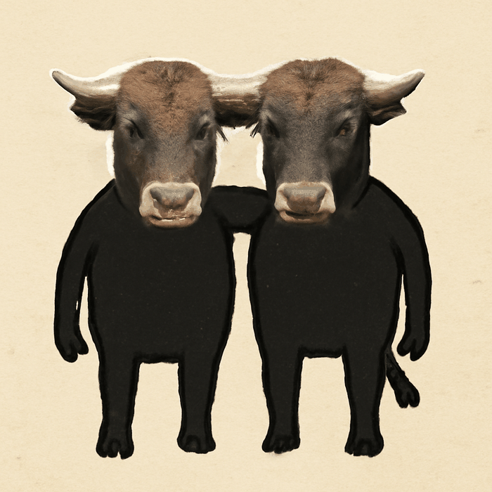 two black bulls standing shoulder to shoulder, one wearing a gold nose ring